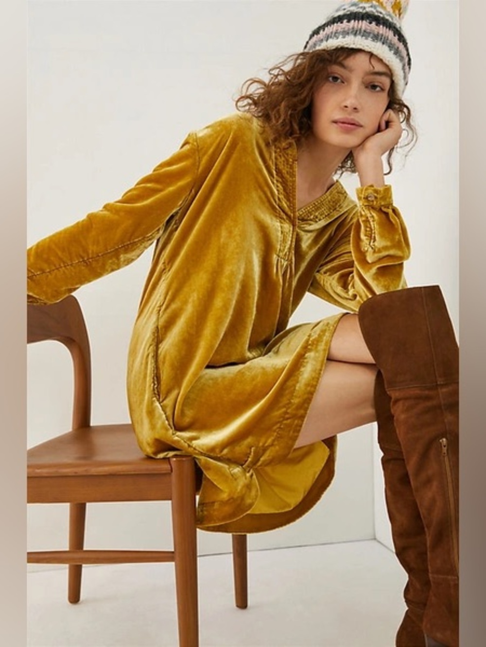 Anthropologie Mustard Gold Melody Velvet Long-Sleeve Tunic Size L